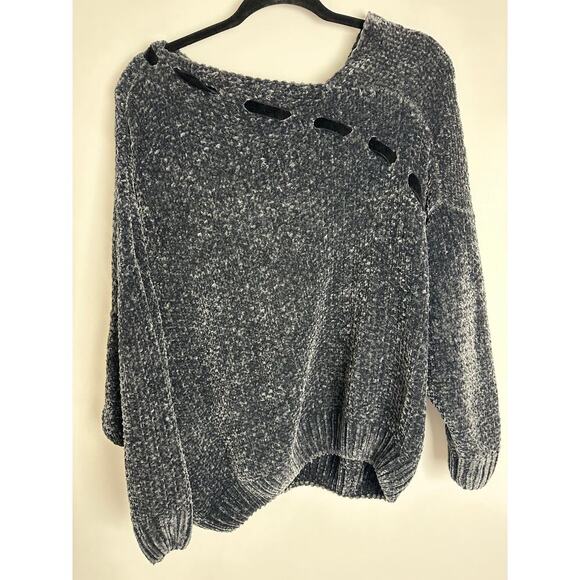 POL Women's Small Asymmetrical Large Chunky Knit Sweater Velvet Blue Gray - Picture 6 of 12